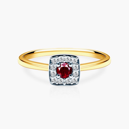 Pierścionek zaręczynowy SAVICKI: dwukolorowe złoto, rubin, diamenty